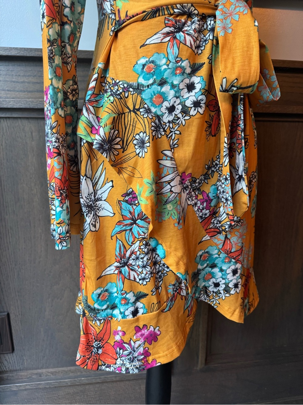 Club L London Mustard Floral Tie-Waist Long Sleeve Dress 14 EUC - Picture 8 of 10